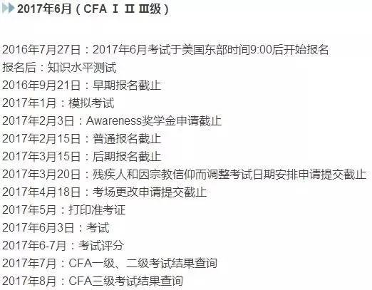 2017年6月CFA考试一二三级时间安排表